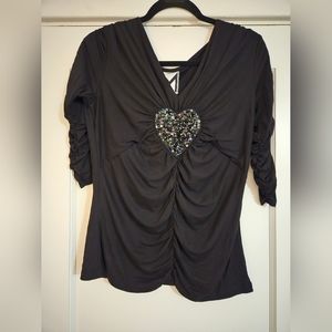 NWT BLK Blouse with Heart sequin design. 3/4 gathered Sleeve. Size Small.